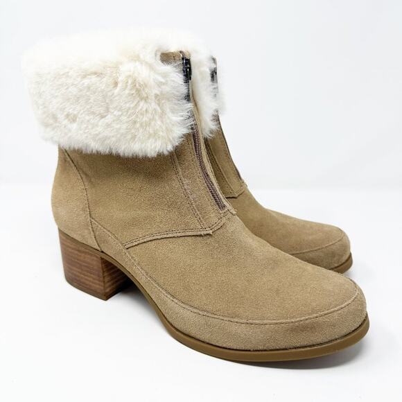 Koolaburra by Ugg Tan Suede Ankle Booties Women's Sz 10 Front Zip Faux Fir Trim - Picture 1 of 9